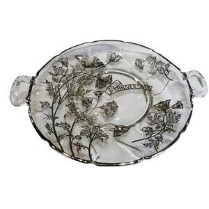 25th Anniversary Platter Handled Plate Silver Overlay Flowers Wedding
